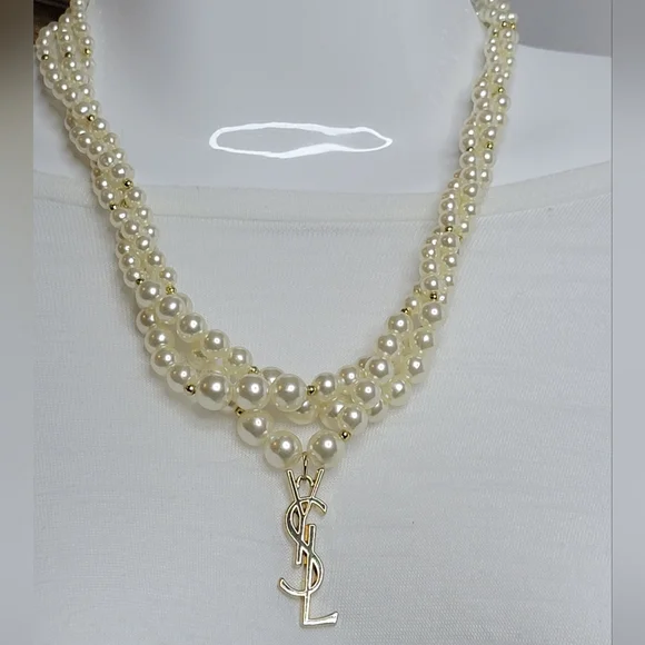 Vintage Faux Pearl Necklace, Gold YSL Zipper Pull - Picture 3 of 5